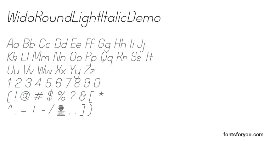 Шрифт WidaRoundLightItalicDemo – алфавит, цифры, специальные символы