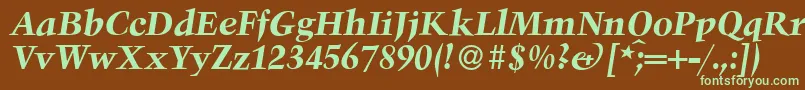 フォントTroubadourBolditalic – 緑色の文字が茶色の背景にあります。