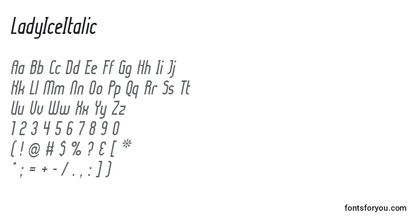 Шрифт LadyIceItalic – алфавит, цифры, специальные символы