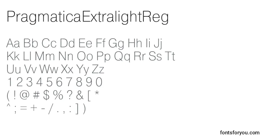 A fonte PragmaticaExtralightReg – alfabeto, números, caracteres especiais