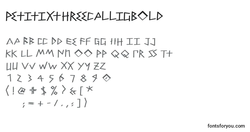 A fonte PetitixthreecalligBold – alfabeto, números, caracteres especiais