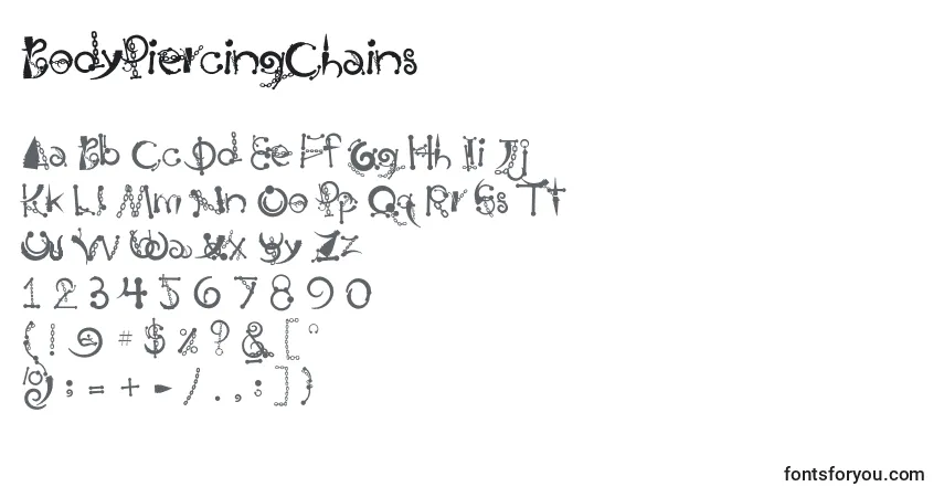 A fonte BodyPiercingChains (77807) – alfabeto, números, caracteres especiais