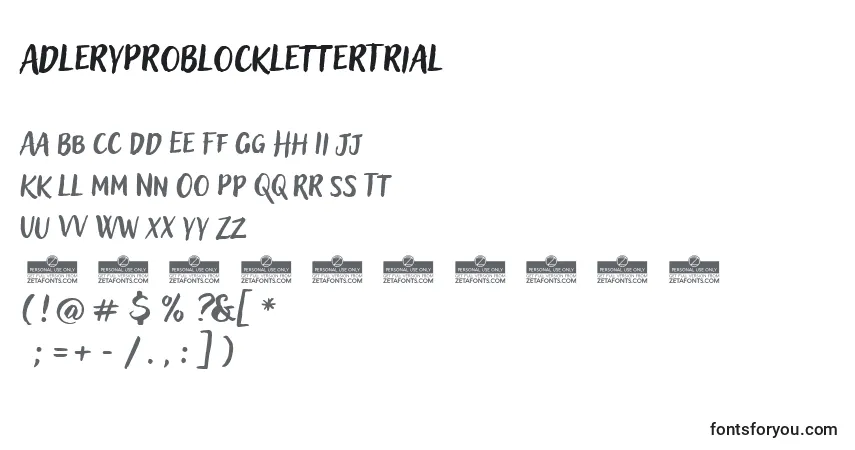 Czcionka AdleryProBlockletterTrial – alfabet, cyfry, specjalne znaki