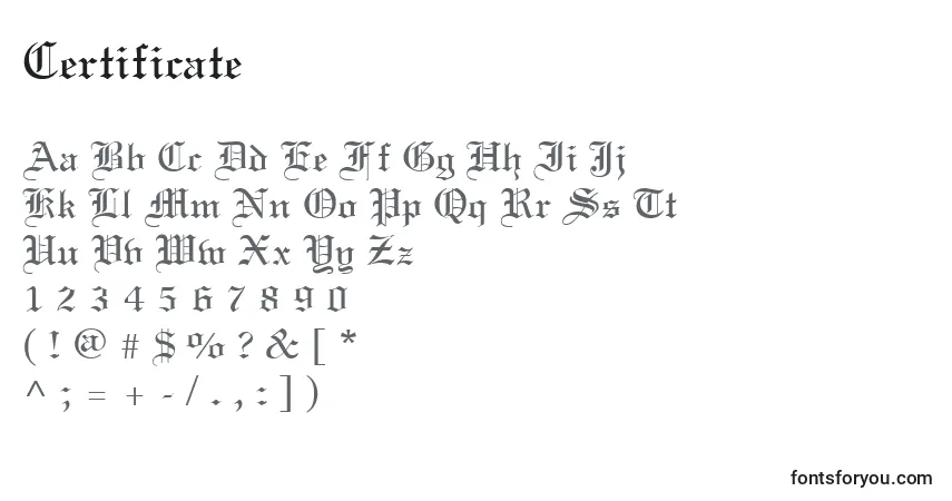 A fonte Certificate – alfabeto, números, caracteres especiais
