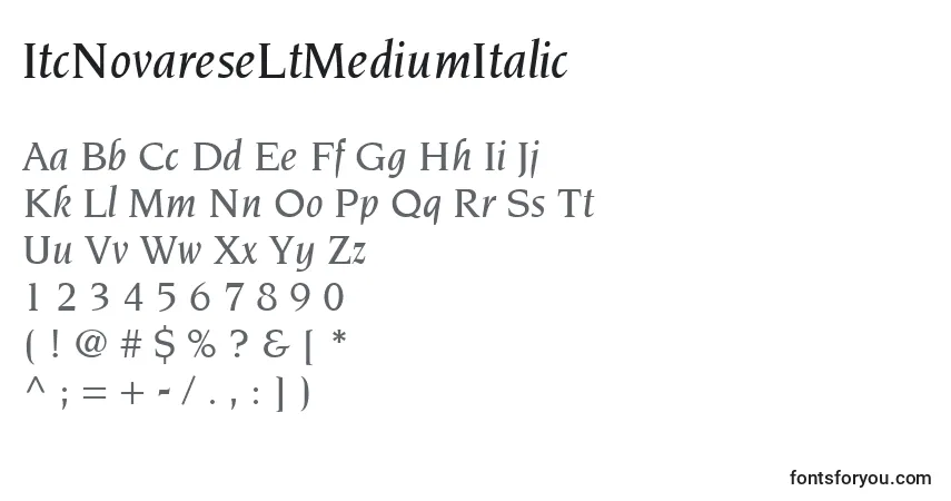 Czcionka ItcNovareseLtMediumItalic – alfabet, cyfry, specjalne znaki