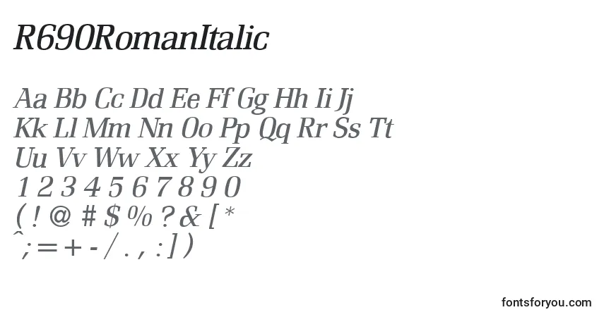 Czcionka R690RomanItalic – alfabet, cyfry, specjalne znaki
