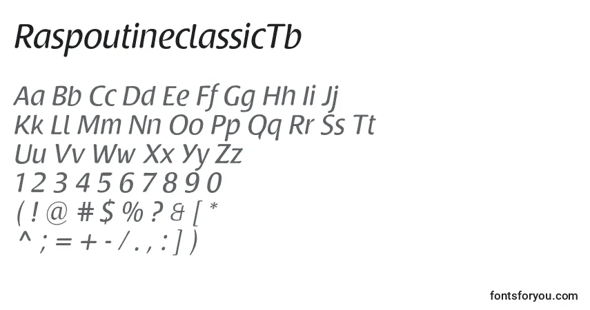 Czcionka RaspoutineclassicTb – alfabet, cyfry, specjalne znaki