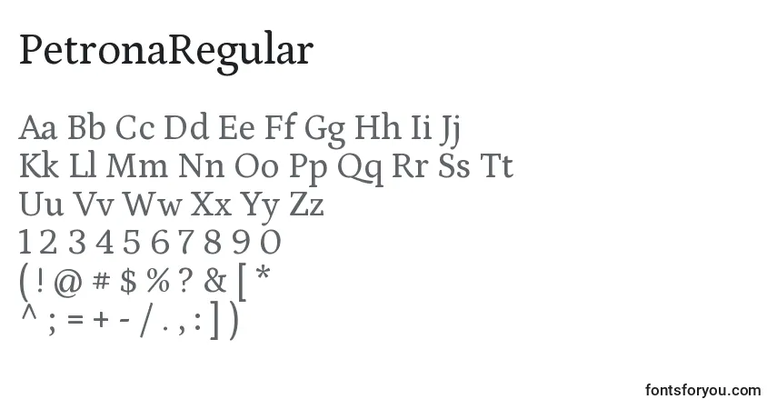 Schriftart PetronaRegular – Alphabet, Zahlen, spezielle Symbole