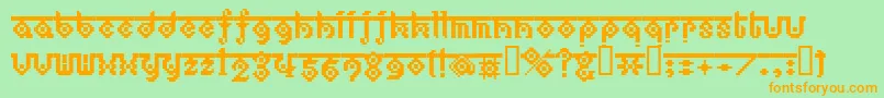 フォントBmEthnoA17 – オレンジの文字が緑の背景にあります。