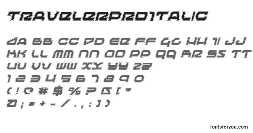 Schriftart TravelerProItalic – Alphabet, Zahlen, spezielle Symbole