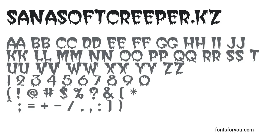 A fonte SanasoftCreeper.Kz – alfabeto, números, caracteres especiais