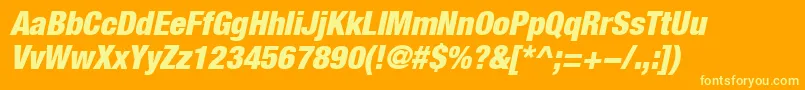 HelveticaLt97BlackCondensedOblique-Schriftart – Gelbe Schriften auf orangefarbenem Hintergrund