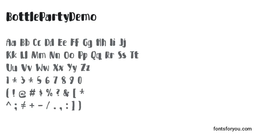 Schriftart BottlePartyDemo – Alphabet, Zahlen, spezielle Symbole