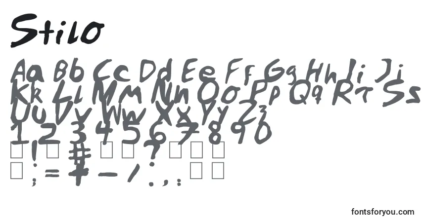 A fonte Stilo – alfabeto, números, caracteres especiais