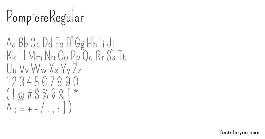 Czcionka PompiereRegular – alfabet, cyfry, specjalne znaki