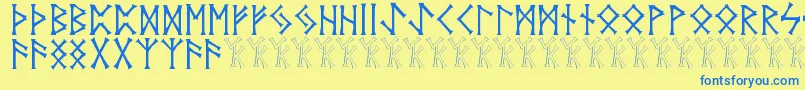 フォントVidnorse – 青い文字が黄色の背景にあります。