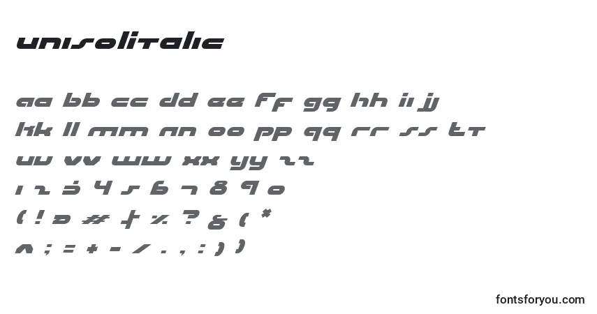 A fonte UniSolItalic – alfabeto, números, caracteres especiais
