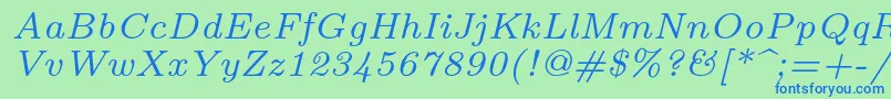 Fonte Lmroman7Italic – fontes azuis em um fundo verde