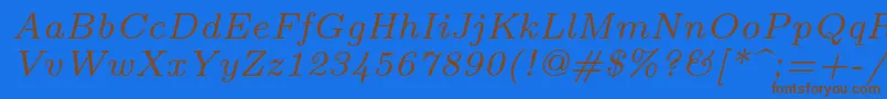 フォントLmroman7Italic – 茶色の文字が青い背景にあります。