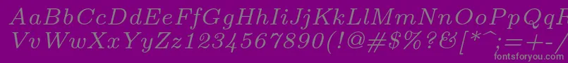 Fonte Lmroman7Italic – fontes cinzas em um fundo violeta