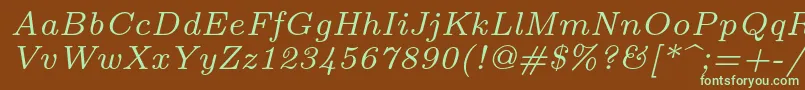 Lmroman7Italic-fontti – vihreät fontit ruskealla taustalla