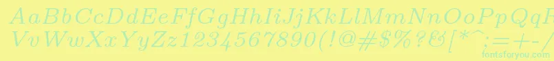 Lmroman7Italic-Schriftart – Grüne Schriften auf gelbem Hintergrund