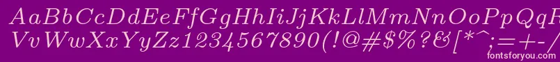 Lmroman7Italic-fontti – vaaleanpunaiset fontit violetilla taustalla