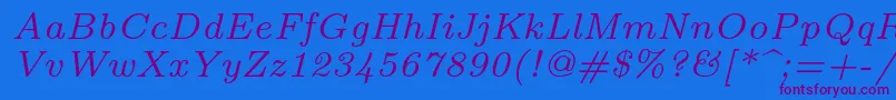 Fonte Lmroman7Italic – fontes roxas em um fundo azul