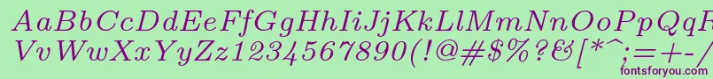 Lmroman7Italic-fontti – violetit fontit vihreällä taustalla