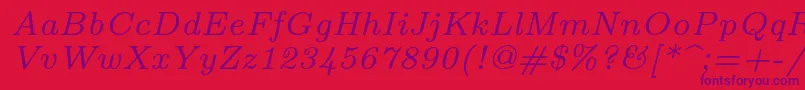 Lmroman7Italic-Schriftart – Violette Schriften auf rotem Hintergrund