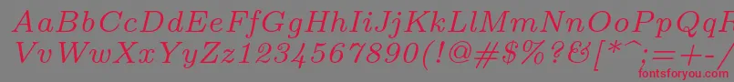 Lmroman7Italic-fontti – punaiset fontit harmaalla taustalla