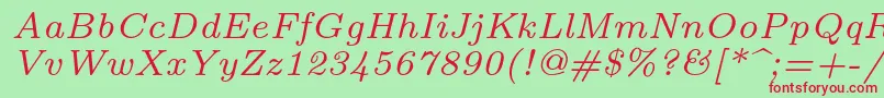 Lmroman7Italic-fontti – punaiset fontit vihreällä taustalla