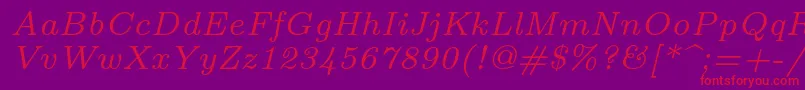 Fonte Lmroman7Italic – fontes vermelhas em um fundo violeta