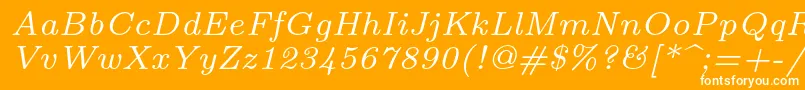 Lmroman7Italic-Schriftart – Weiße Schriften auf orangefarbenem Hintergrund