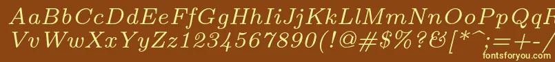 Lmroman7Italic-fontti – keltaiset fontit ruskealla taustalla
