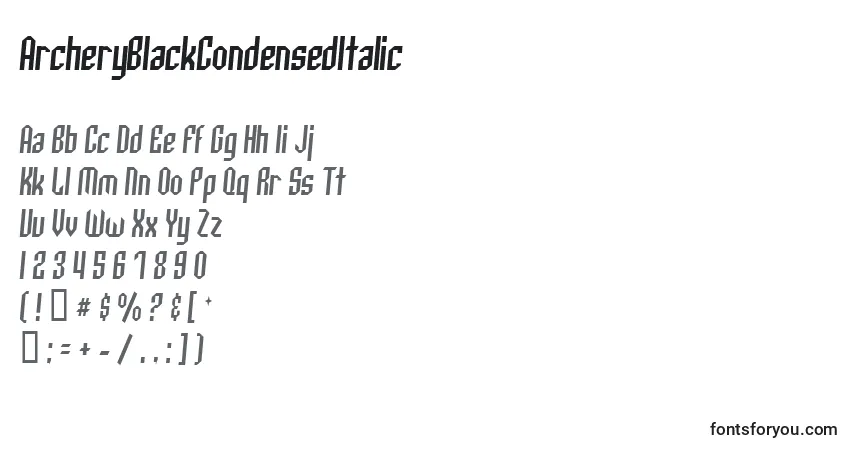 Schriftart ArcheryBlackCondensedItalic – Alphabet, Zahlen, spezielle Symbole