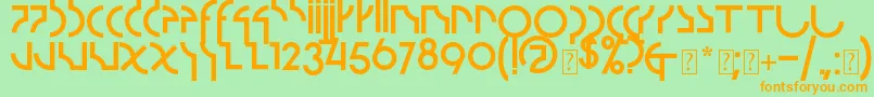 フォントStrzeminski – オレンジの文字が緑の背景にあります。