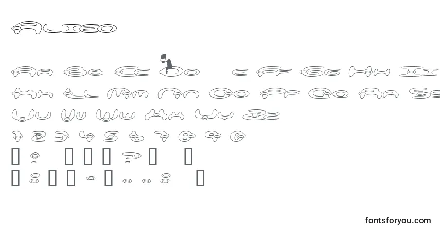 Czcionka Alieo – alfabet, cyfry, specjalne znaki