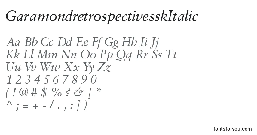 A fonte GaramondretrospectivesskItalic – alfabeto, números, caracteres especiais