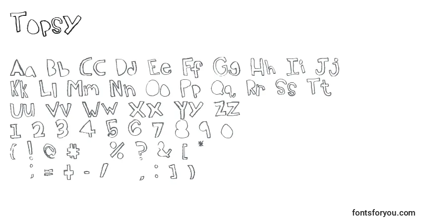 Czcionka Topsy – alfabet, cyfry, specjalne znaki