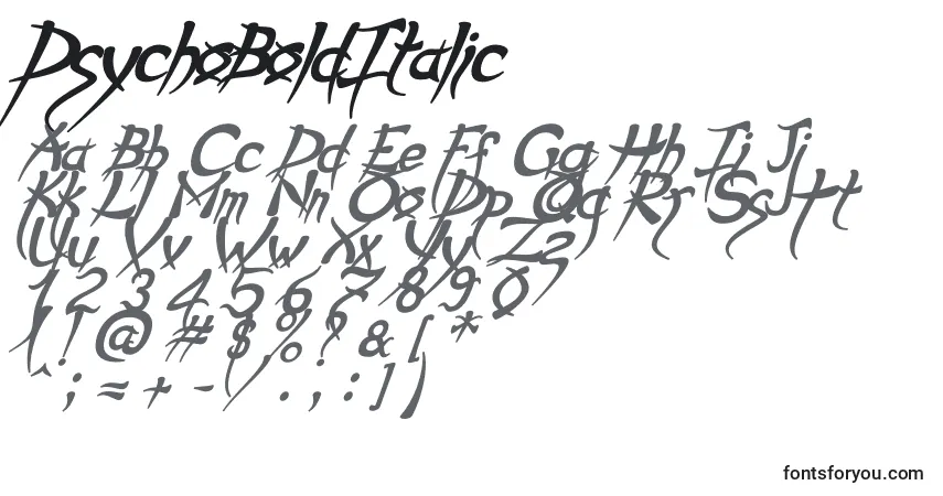Schriftart PsychoBoldItalic – Alphabet, Zahlen, spezielle Symbole