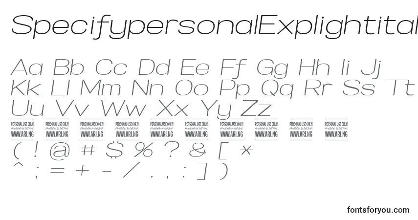SpecifypersonalExplightitalic Font – alphabet, numbers, special characters