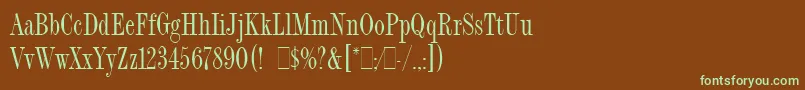 フォントFashionCompressedLetPlain.1.0 – 緑色の文字が茶色の背景にあります。