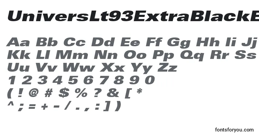 A fonte UniversLt93ExtraBlackExtendedOblique – alfabeto, números, caracteres especiais