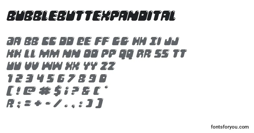 Schriftart Bubblebuttexpandital – Alphabet, Zahlen, spezielle Symbole