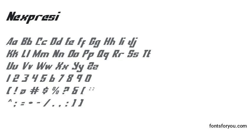Schriftart Nexpresi – Alphabet, Zahlen, spezielle Symbole