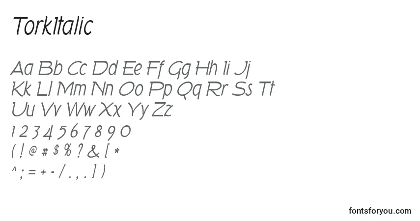 A fonte TorkItalic – alfabeto, números, caracteres especiais