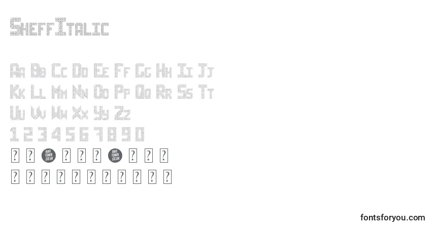 Schriftart SheffItalic – Alphabet, Zahlen, spezielle Symbole