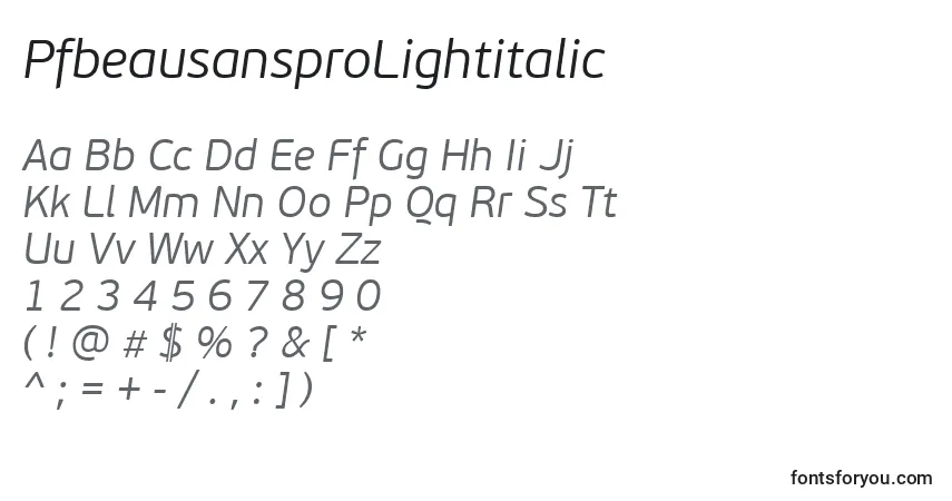 Schriftart PfbeausansproLightitalic – Alphabet, Zahlen, spezielle Symbole