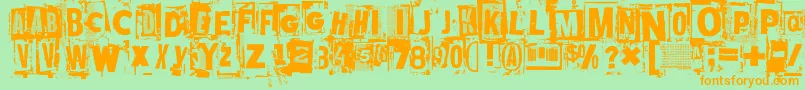 フォントMustasurma – オレンジの文字が緑の背景にあります。